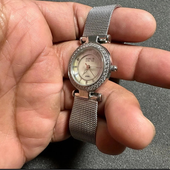 Hamlin Ultra Thin Ladies Quartz Watch Silver Tone Diamond Accent Dial Working - Picture 2 of 10